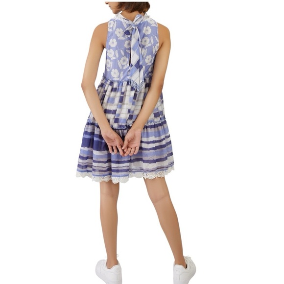 Bunka Blue Cotton Silk Printed Mini Babydoll Dress Size M - Picture 2 of 12